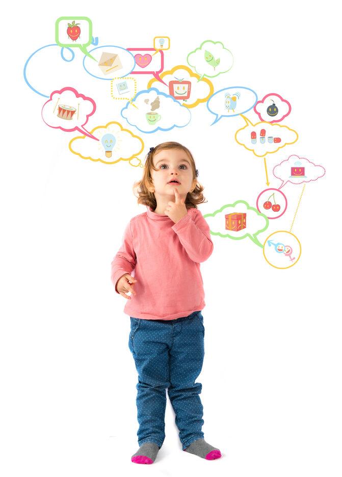 Child with autism looking curious, with images behind her showing she's thinking